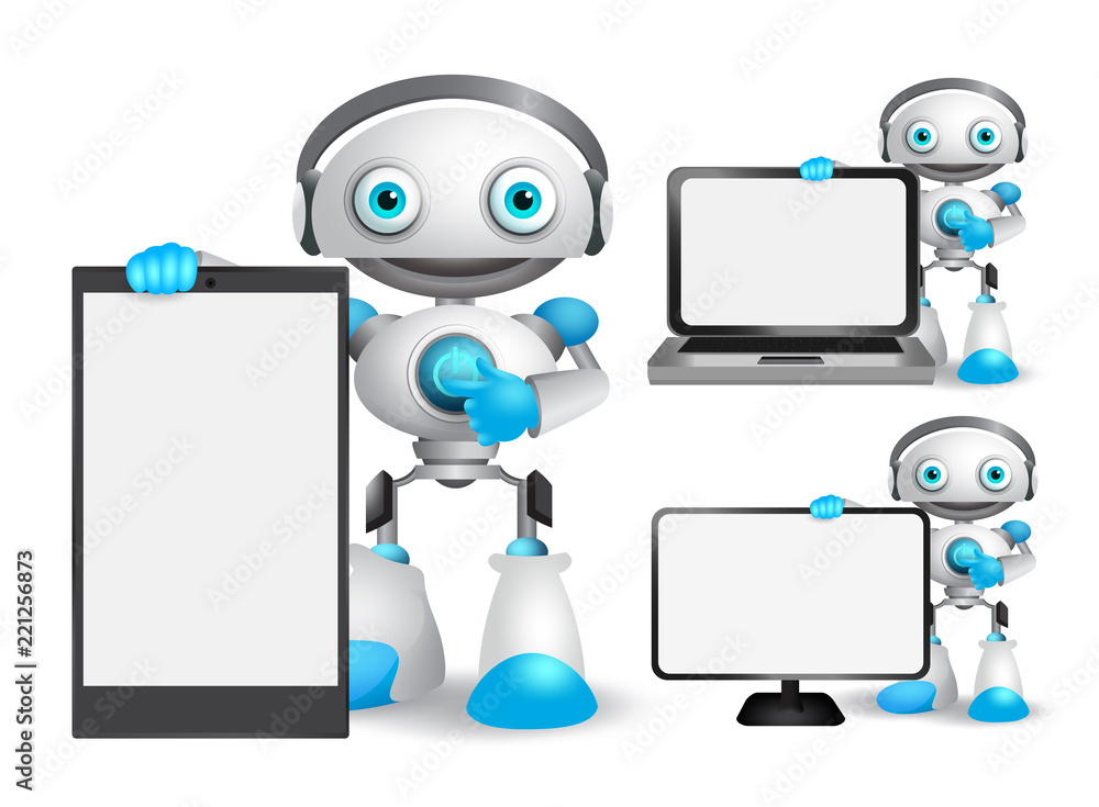 Poster robot vector characters set holding mobile phone, laptop and other gadget with empty blank white scr