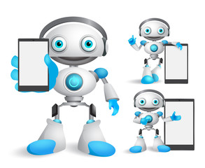 Robot vector characters set holding mobile phone  gadget with empty blank white screen for text and technology informations. Android mascot vector illustration.
