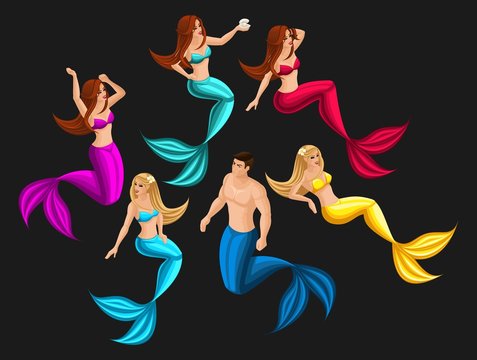 Isometry set of mermaids in different poses for use in graphic games, beautiful girls, seductresses, on a dark background