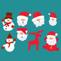  new year, face of Santa Claus and snowmen, set