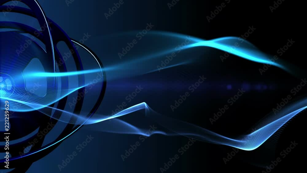 Poster seamless loop: blue motion background with gear wheels rotating and lines waving in smooth organic s