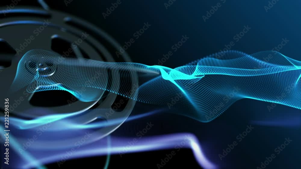 Poster seamless loop: blue motion background with gear wheels rotating and lines waving in smooth organic s