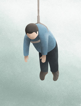 Man hanging from rope on blue background
