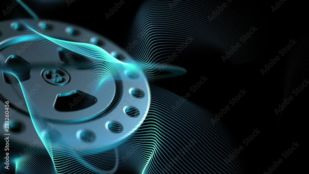Poster seamless loop: blue motion background with gear wheels rotating and lines waving in smooth organic s
