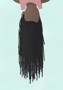 Upside-down girl with long black braids on blue background