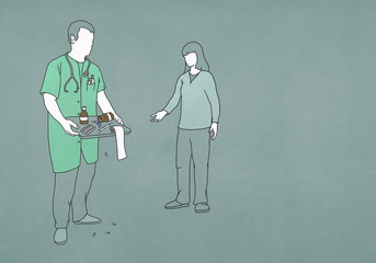 Patient reaching for doctor with tray of medicine and equipment