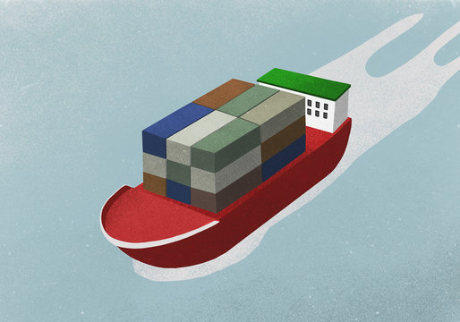 Container ship on ocean