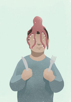 Man with fork and knife looking up at octopus on head