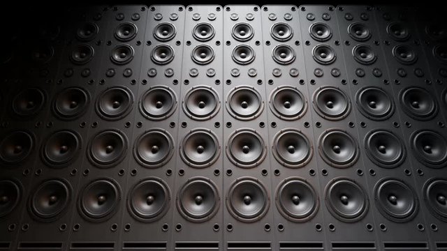 Modern speakers stacked in an endless wall loop. Membranes vibrate, studio mood.