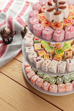 Turkish delight on a wooden table.