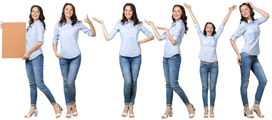 Collage of young woman. Isolated on white background