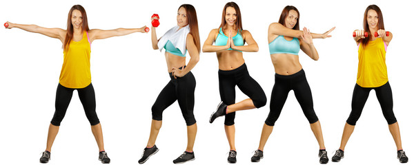 Collage of different fitness exercises isolated on a white background