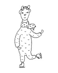 Monochrome hand-drawn lama in scarf and earpiece skate. © ArTalya