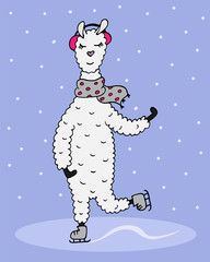 Colorful hand-drawn lama in scarf and earpiece skate. © ArTalya