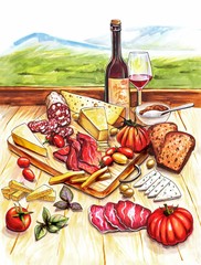 Wine and snacks from delicacies on the table