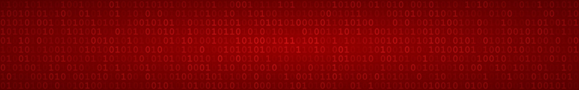 Abstract horizontal banner or background of zeros ad ones in red colors.
