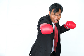 Businessman in boxing gloves on white background and copy space