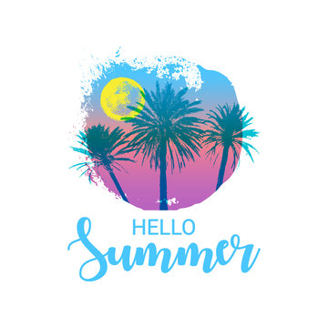 Hello Summer message. Hand drawn palm trees with a circle shape