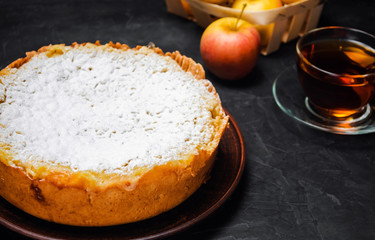 Traditional apple pie with vanilla custard. Polish Charlotte. a favourite British dessert. homemade pastries for tea. autumn dessert. shortbread dough