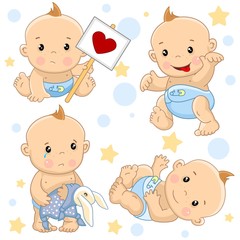A set of illustrations of icons of baby of children of boy strikes with a sign, goes scary with the tongue sticking out, stands with a hare toy rattled, an angel with wings and with arrows of love.