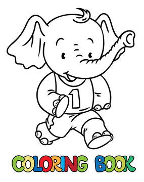 Running little baby elephant. Coloring book. Sport