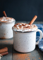 Close-up of hot cocoa with whipped cream and cinnamon stick on dark background