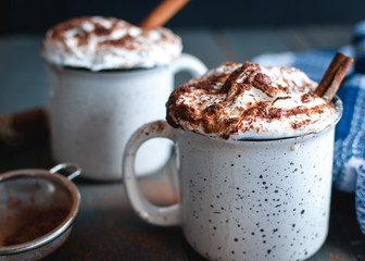 Close-up of hot cocoa with whipped cream and cinnamon stick on dark background