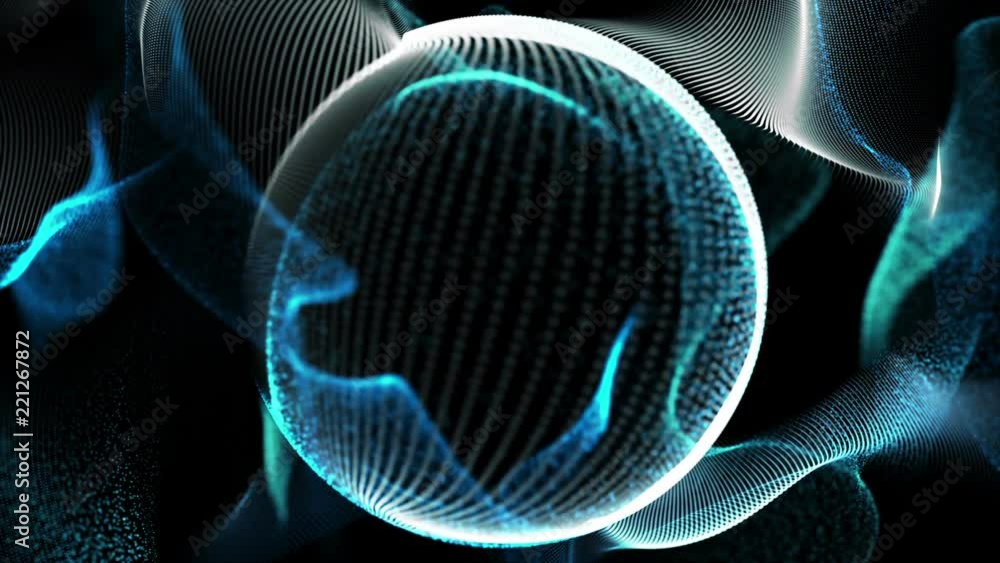 Poster seamless loop: dynamic blue lines and particles in motion on a sphere surface. computer, technology,
