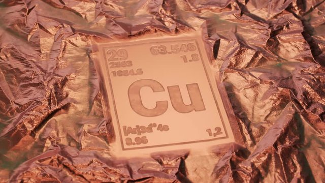 Copper periodic table element tile on crinkled metallic foil