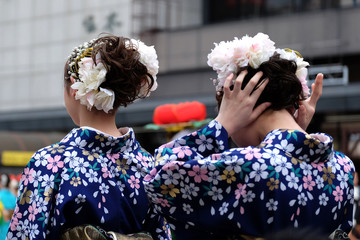 Japanese women getting ready for Bon Odori dance festival in Morioka Japan