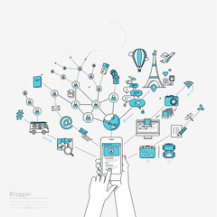 Blogger using smartphone.  Modern illustration in linear style.