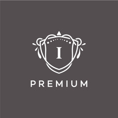 Luxury I-Initial Logo frame symbol, Luxury and graceful floral monogram design dark background