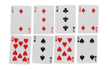 Set and collection of playing cards for poker and gambling, isolated on white background with clipping path