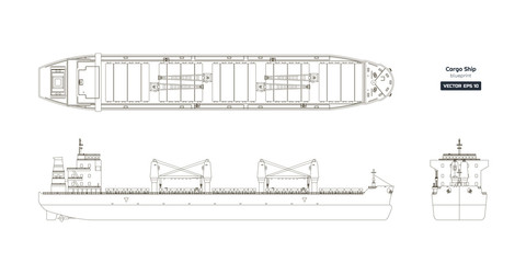 Outline drawing of cargo ship on a white background. Top, side and front view of tanker. Container boat blueprint