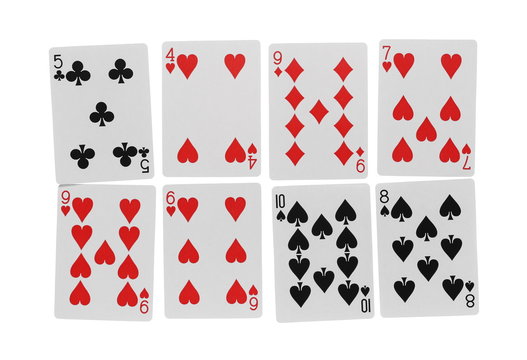 Set and collection of playing cards for poker and gambling, isolated on white background with clipping path