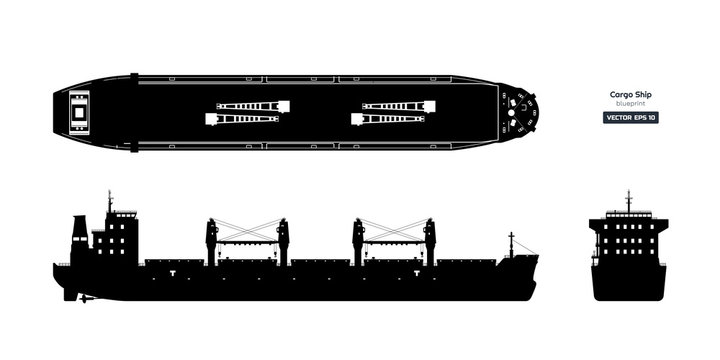 Black silhouette of cargo ship on white background. Top, side and front view of tanker. Container boat blueprint