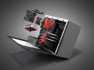 open PC case with internal parts motherboard cooler video card power supply HDD drives 3d render on grey gradient