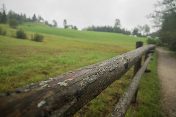 Fototapeta na wymiar Wooden fence on a green meadow in autumn