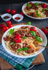 Italian spaghetti with tomato sauce, Parmesan cheese and fresh basil on top, on dark background