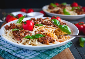 Close-up of Italian spaghetti with tomato sauce, Parmesan cheese and fresh basil on top, on dark background