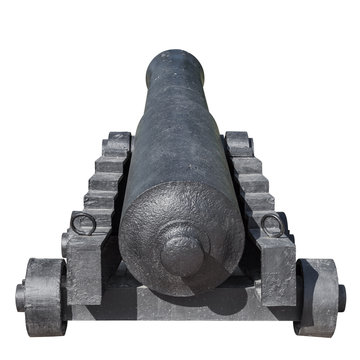 An ancient ship cannon. Cast-iron muzzle gun of the middle of the 9th century. Isolated on white background
