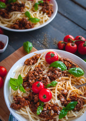 Close-up of Italian spaghetti with tomato sauce, Parmesan cheese and fresh basil on top, on dark background