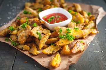 Close-up of roasted potatoes with rosemary, Parmesan cheese and fresh parsley on top