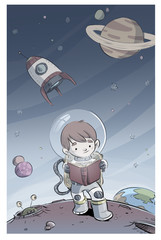 niño astronauta leyendo un libro en el espacio © cirodelia
