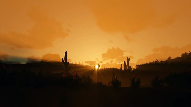 Saguaro Cactus in Desert against beautiful morning Sunrise, camera panning, 4K