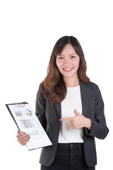 Successful Business woman is pointing with notepad .Business plan,strategy and analysis concepts