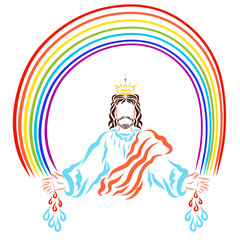 King Jesus under the rainbow giving mercy, blessing and healing