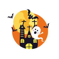 Halloween ghost icon. House with the ghost and bat vector in flat design