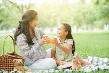Vietnamese mother and daughter enjoying picnic in summer park