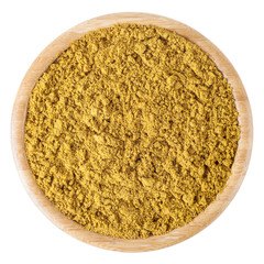 Curry powder in wooden bowl isolated on white background with clipping path